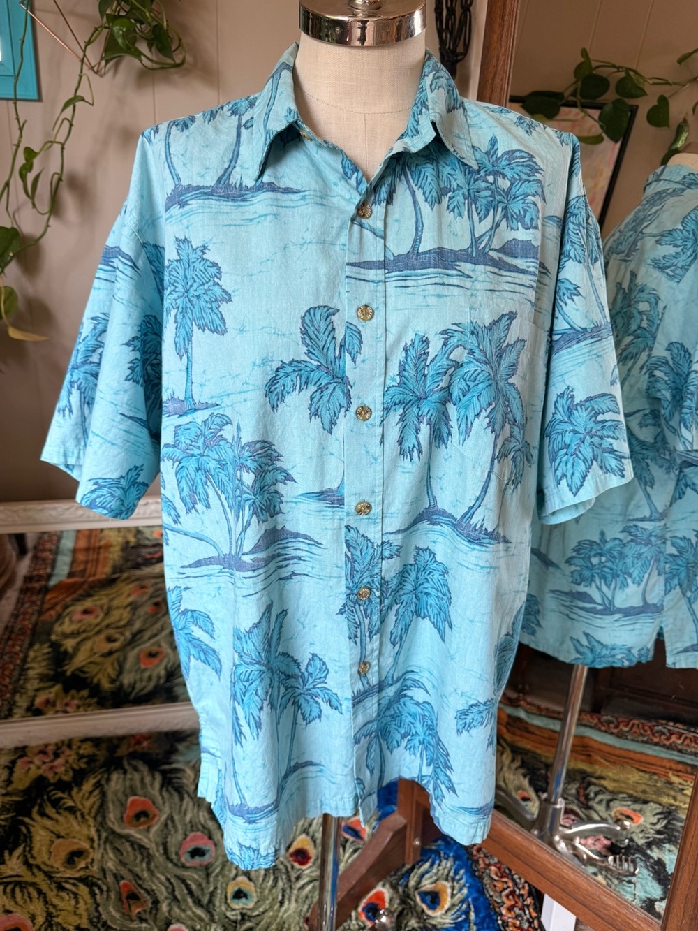 Vintage Cooke Street Hawaiian Shirt Blue Teal Palm Tree Cotton, Men’s XL